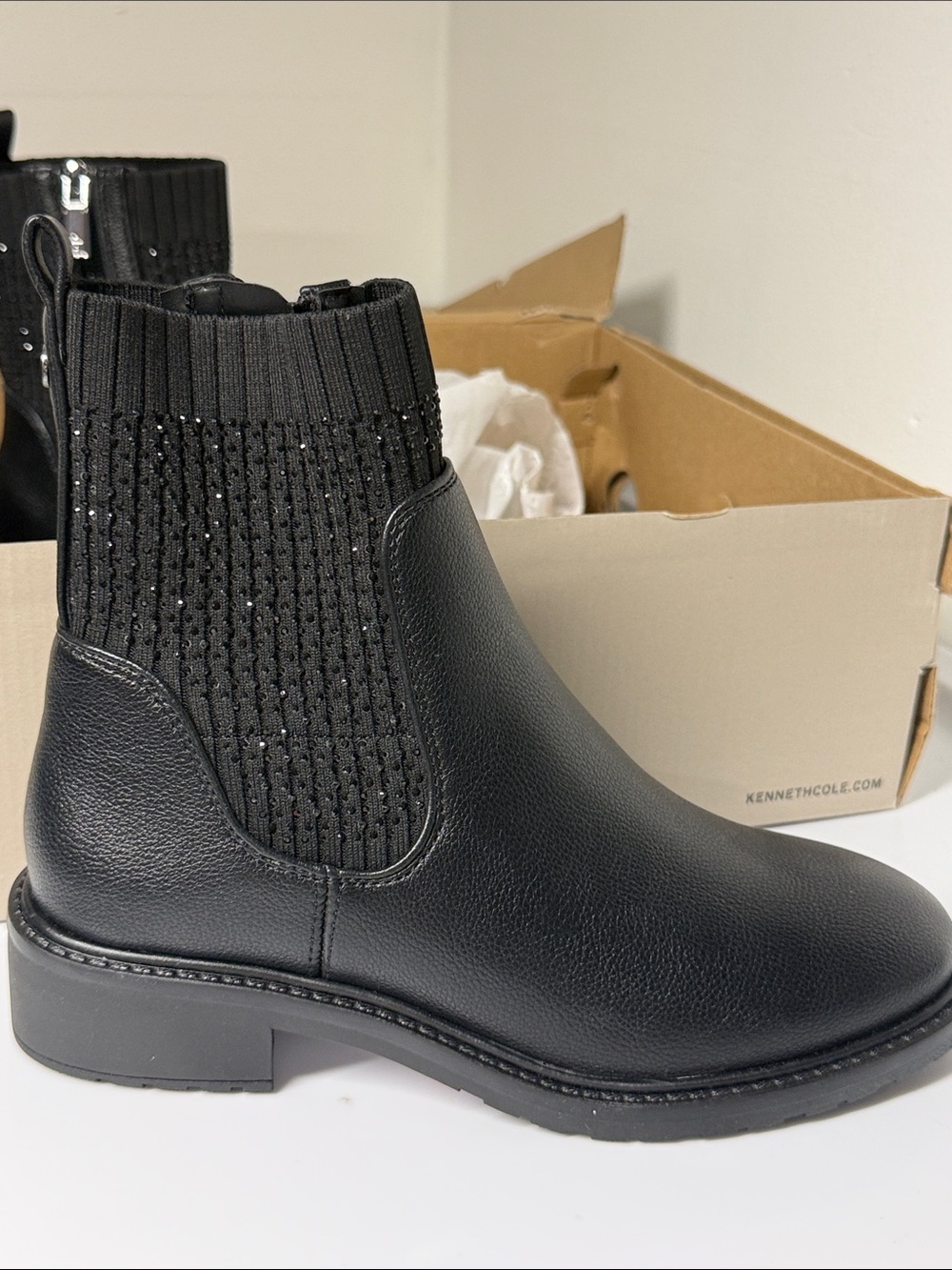 Kenneth Cole Lambert Jewel Black Leather Knit Chelsea Booties